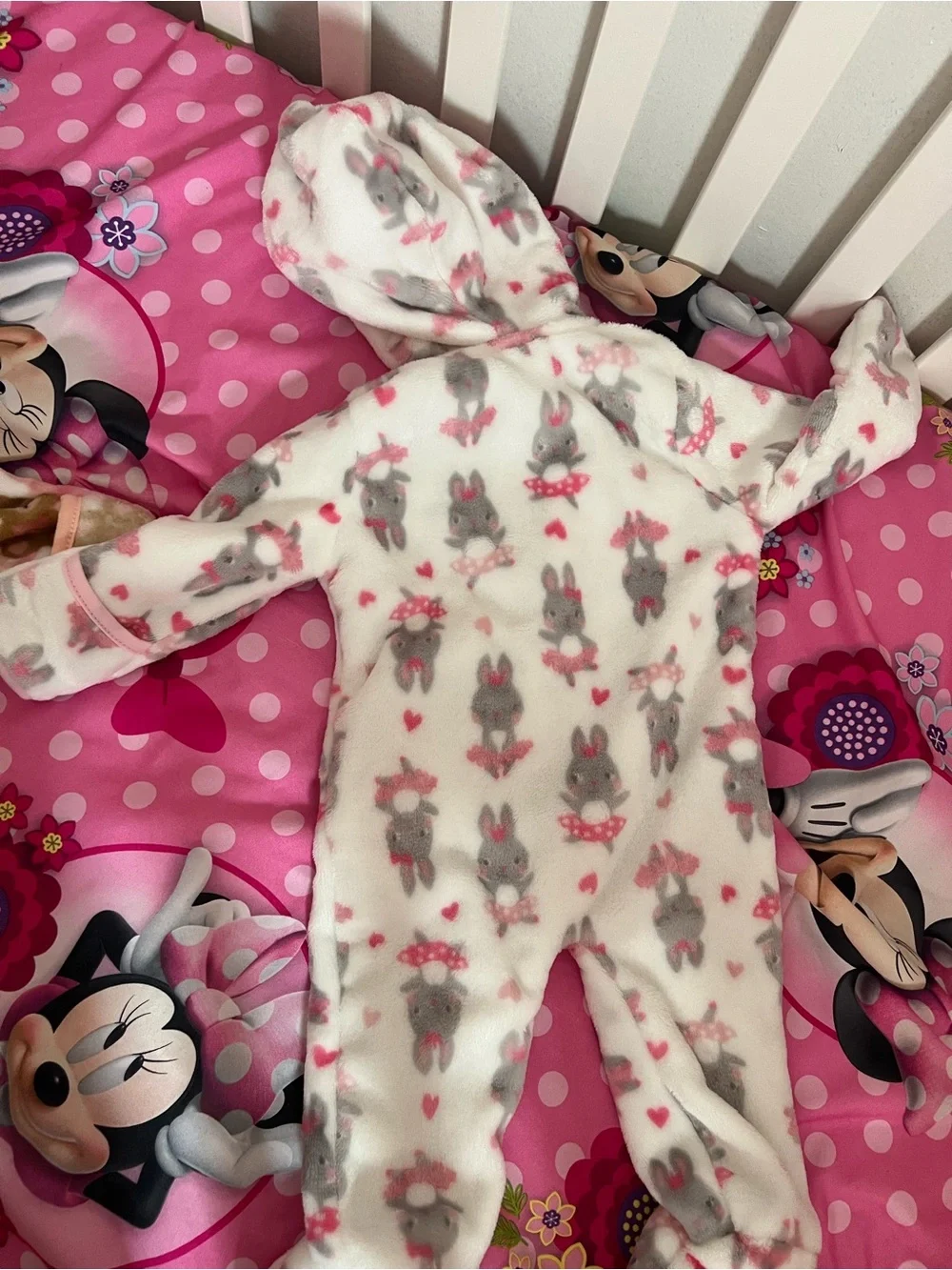 Baby Girls Hooded Bunny Fleece One-Piece - Pink & White